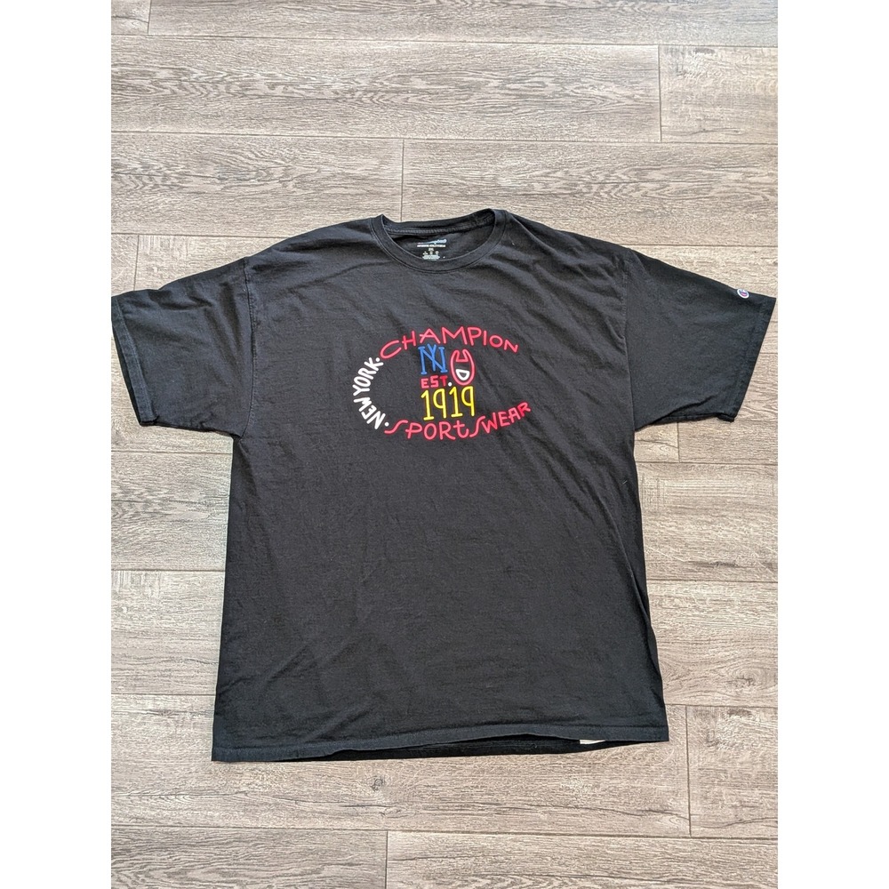 Champion Mens 2XL Black Graphic T-Shirt New York Sportswear Est 1919 Cotton Tee